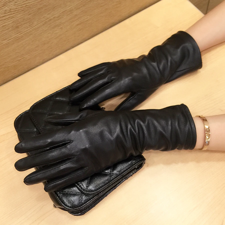 Guantes de piel de oveja pura para mujer, guantes de edición recta de 28cm para mantener el calor, guante de piel auténtica para niña, muñeca mediana cómoda de Color, Invierno