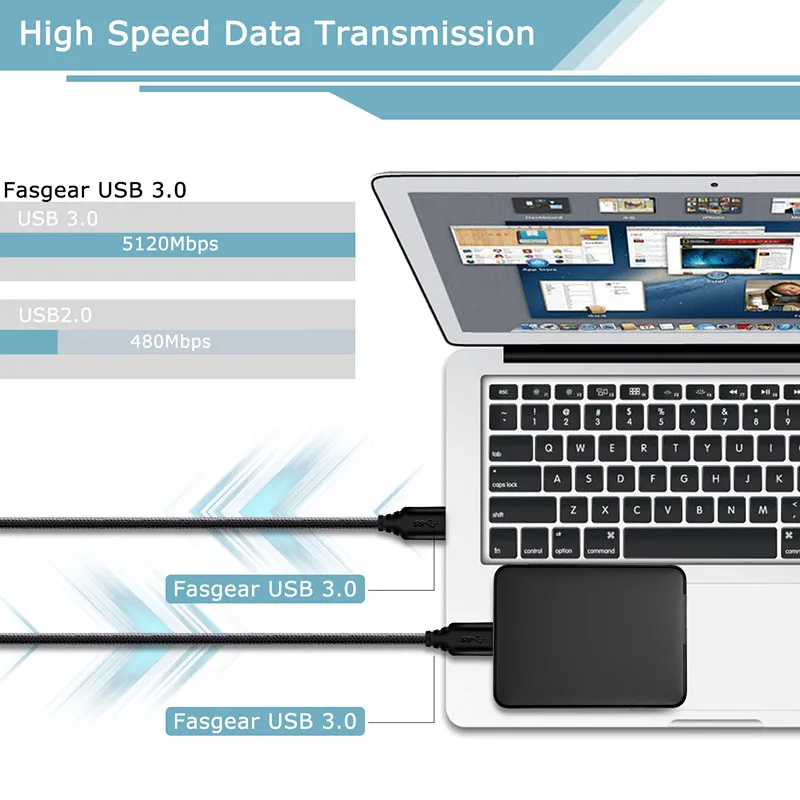 Fasgear USB إلى USB تمديد كابل 5Gbps ذكر إلى ذكر USB 3.0 كابل موسع للقرص الصلب كاميرا ويب كابل يو اس بي موسع