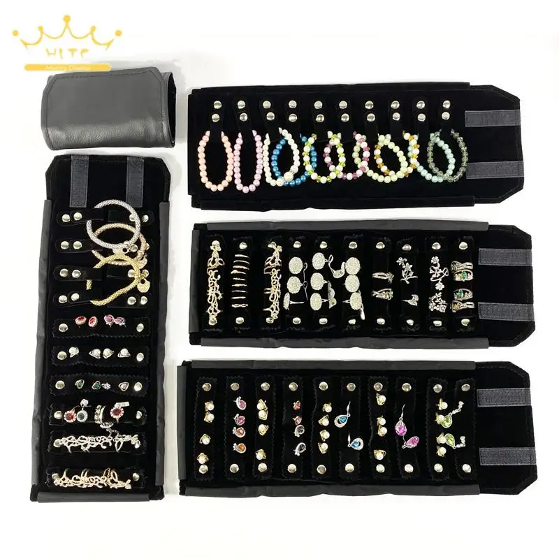 Jewelry Storage Portable Small Roll Bag Outer Black Pu Lychee Pattern Leather Inner Black Velvet Cloth Ring Collection Bag
