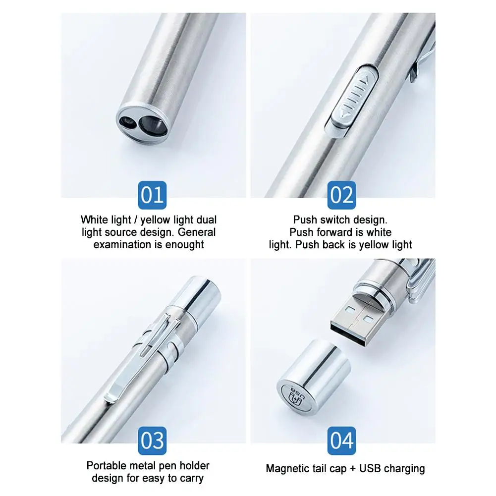 Linterna médica recargable por USB, bolígrafo práctico de enfermería, Mini lámpara de antorcha LED con Clip de acero inoxidable, linterna Led de