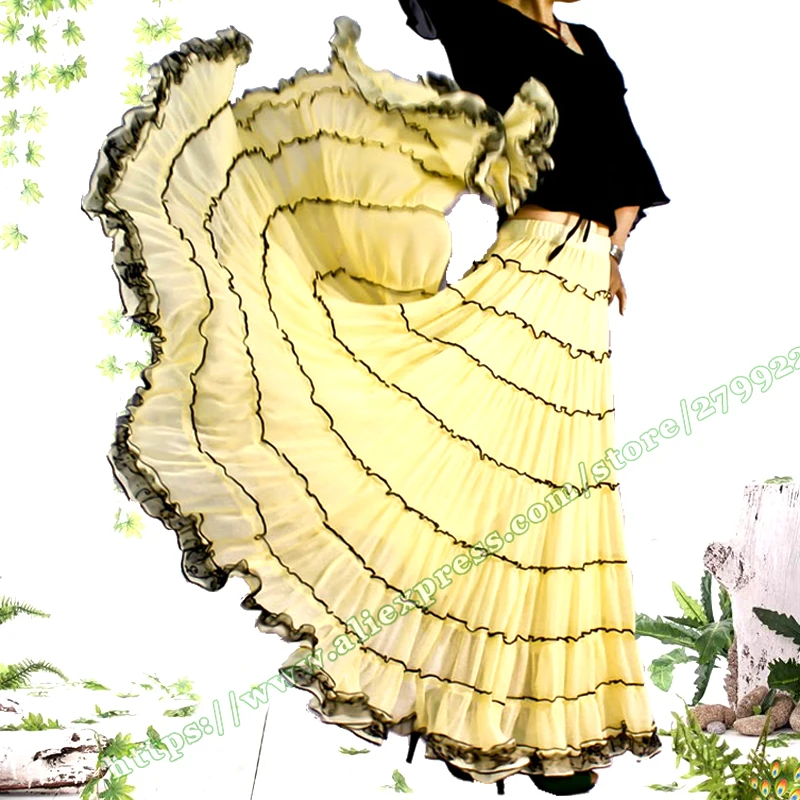 Female Summer Elegant Plus Size 6XL 5XL Big Hem Yellow Chiffon Pleated Stitching Tull BOHO Gypsy Splice Dance Skirts for Womens