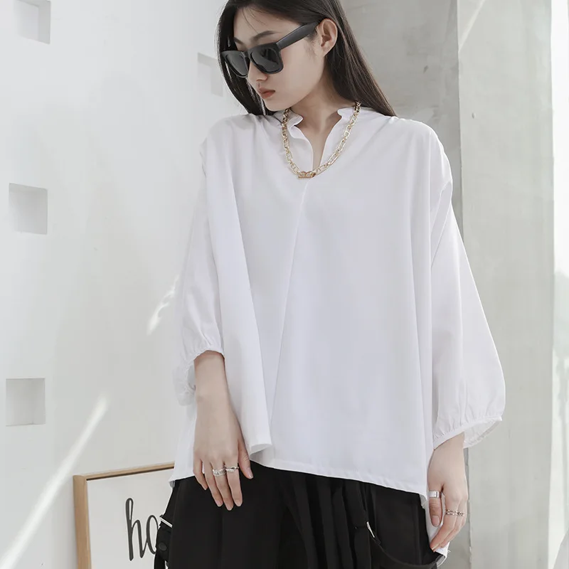 Women's Long Sleeve Shirt New Personality Stand Collar Bat Sleeve Fashion Trend Large Size Seven-Point Sleeve Shirt