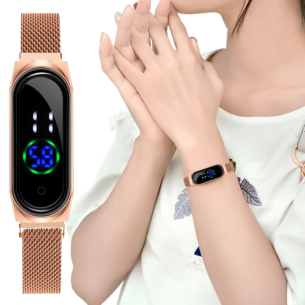 2020 Luxury Women Watches Touch Screen Digital LED Watches Rose Gold Magnetic Mesh Belt Electronic Wristwatches Relogio Feminino