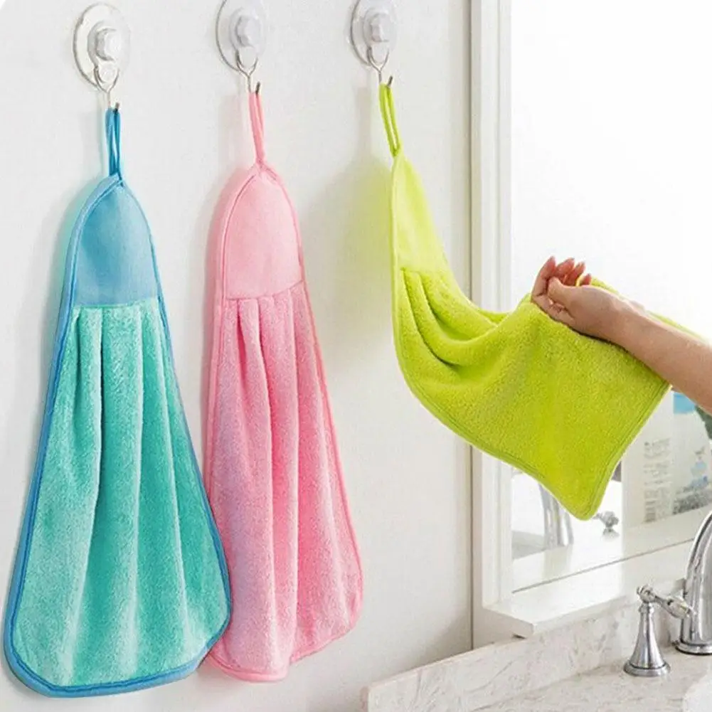 1 Pcs  Hanging Velvet Hand Towels Bathroom Hanging Towel Cleaning Cloth Cleaner Kitchen Absorbent Dishcloth 32x21cm