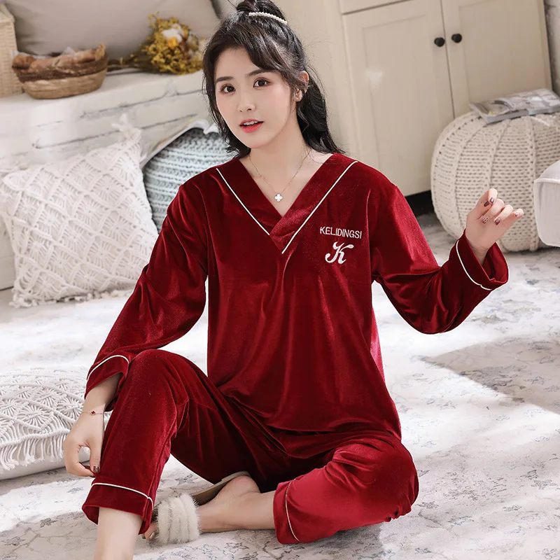 Young Lover Pajamas Gold Velvet Women Long Sleeve Autumn Winter Pyjama Loose Men Couple Pijama Set Warm Sleepwear Top+ Pant