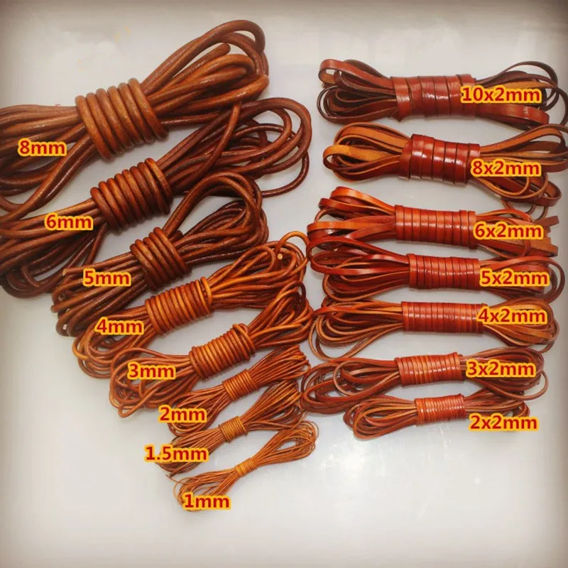 2m 1.5- 8 mm Retro Brązowy Prawdziwa skóra bydlęca Sznurek do biżuterii Płaski okrągły pasek Sznurek Sznurek DIY Bransoletka Naszyjnik Tworzenie