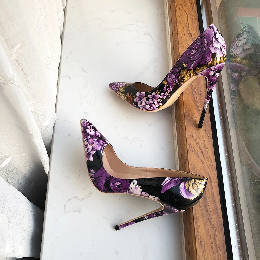 Tikicup stampa floreale viola donna vernice lucida punta a punta 8-12cm scarpe tacco alto Chic Stiletto floreale pompe misura grande 43 44 45