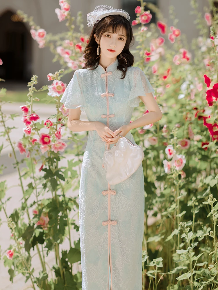 

Vintage Chinese Style Sweet Disc Button New Style Improved Cheongsam Lotus Leaf Sleeve Lace Package Hip Split Dress Summer