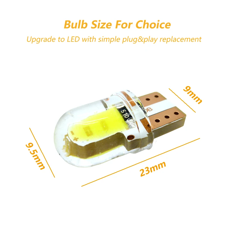 4x Car Led Light T10 W5W 12V Led Instrument Cluster Silicone Cob 2W Auto Interior Lamp Bulb Amber Yellow Orange Red White