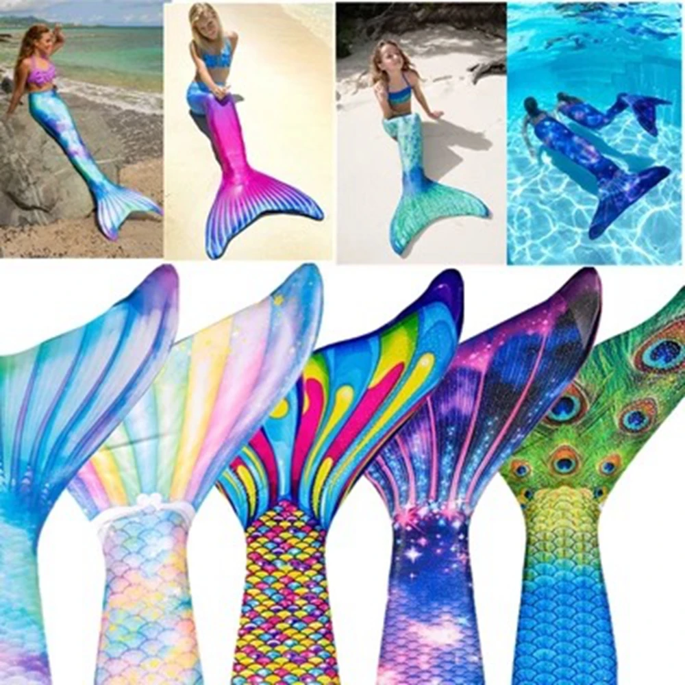 Women Girls Mermaid Tails Cosplay Bathing Beach Swimmable Flower Mermaid Costume No Monofin Swimwear Clothes For Kids Adult