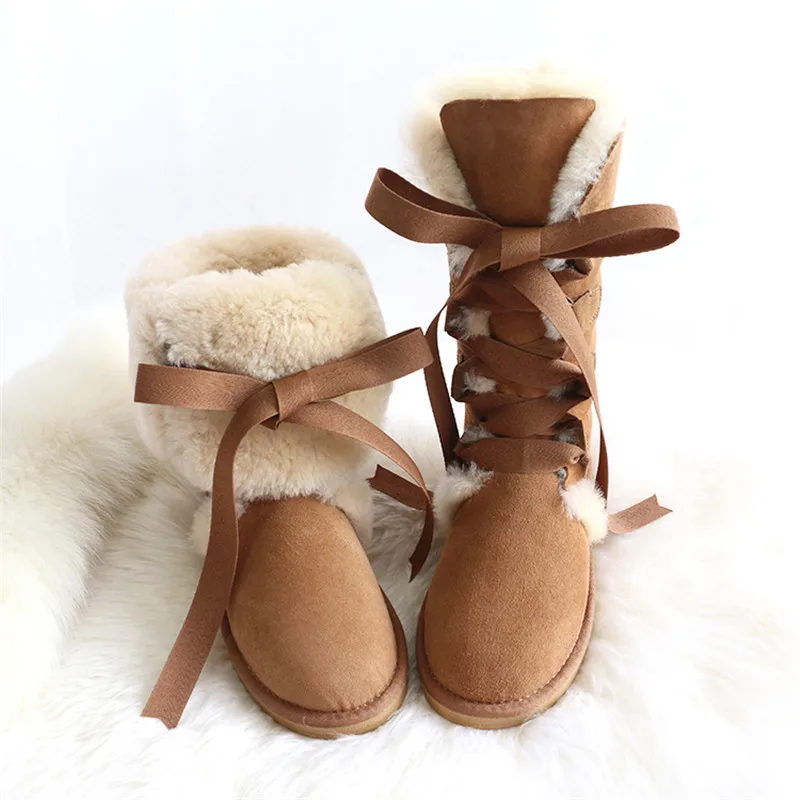 Natural Fur 100% Wool Women Winter Snow Boots Brand Boots Lace Up Shoes Women Genuine Sheepskin  Women Boots Flats Shoes