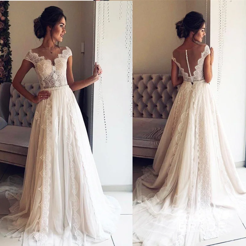 Robe de mariée style Boho, tenue de mariage élégante, avec mancherons, col en V, dos ouvert, jupe plissée, ligne A, 2020