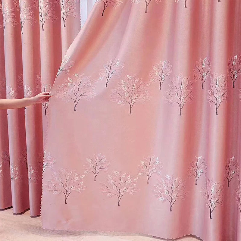 Dreamwood High Quality Double Face Tree Jacquard Gray Blackout Window Curtain For Living Room New Fabric Pink Bedroom Curtain