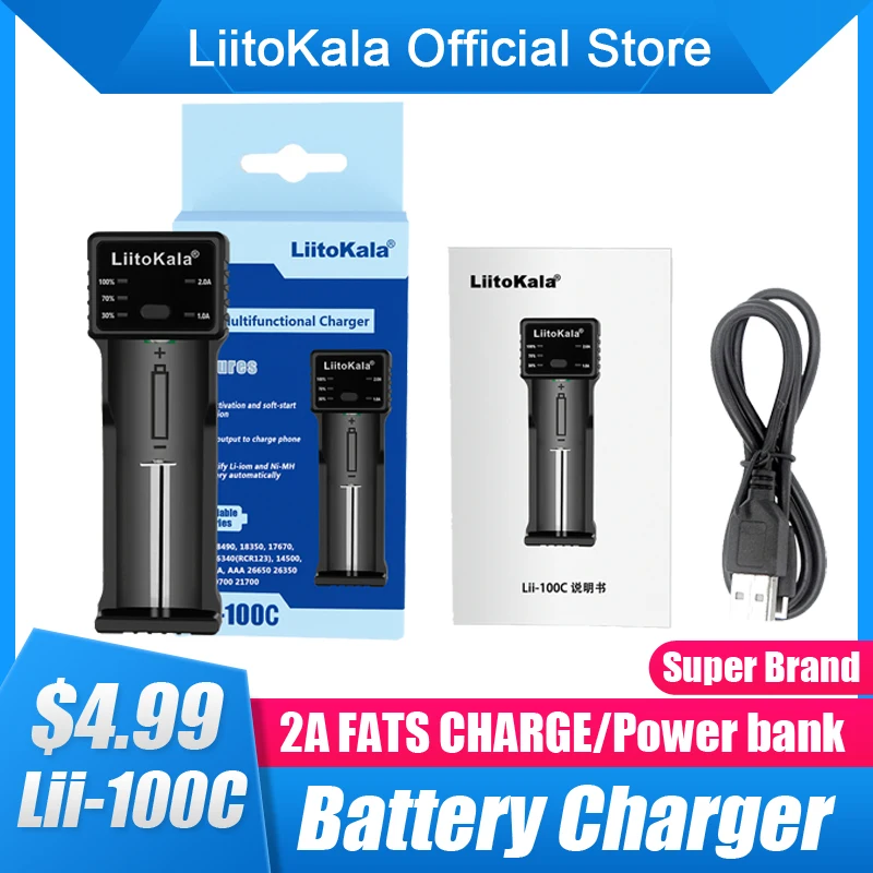 LiitoKala Lii-100C 18650 Battery Charger 2A Smart Charge USB 26650 18350 21700 26500 4.2V Li-ion Rechargeable Battery Charger