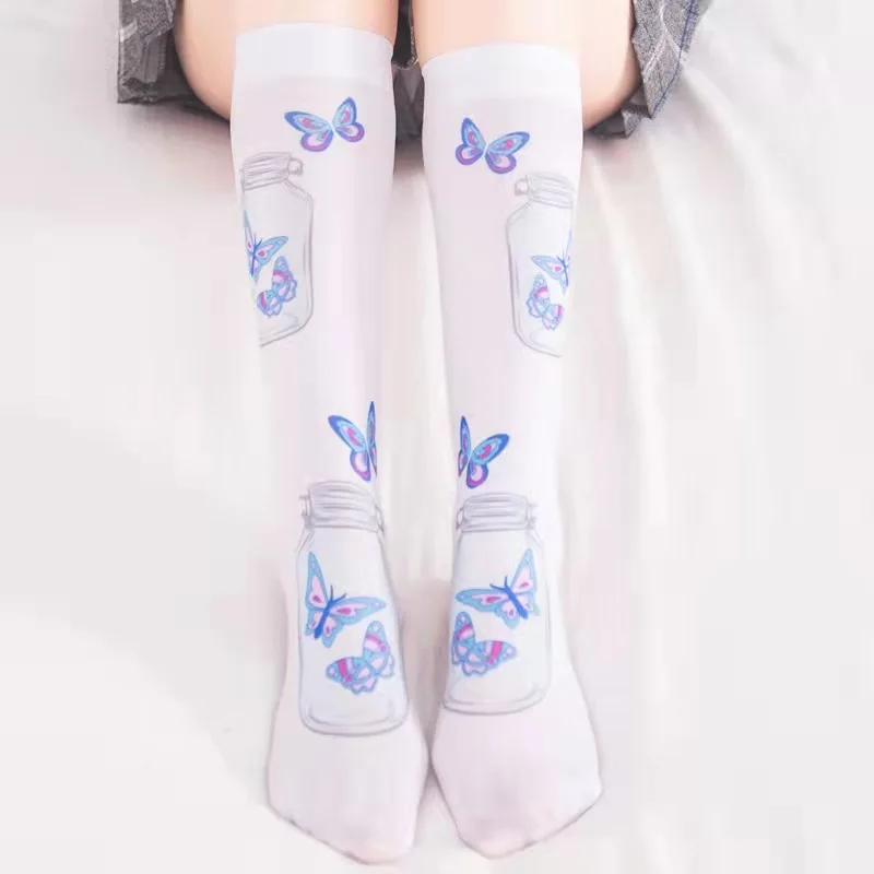 Women Velvet Cartoon Printed Silk Stockings For Young Girl Japanese Lovely Sweet Lolita JK Calf Stockings Harajuku Socks