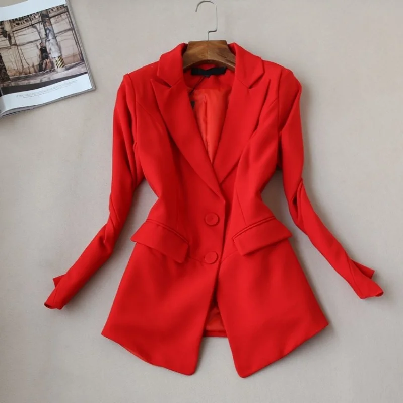 Ladies Office Blazer High Waist Wide Leg Suit Trousers 2 Piece Set Autumn Elegant Slim Sinlge Breasted Solid Red Suit Jacket