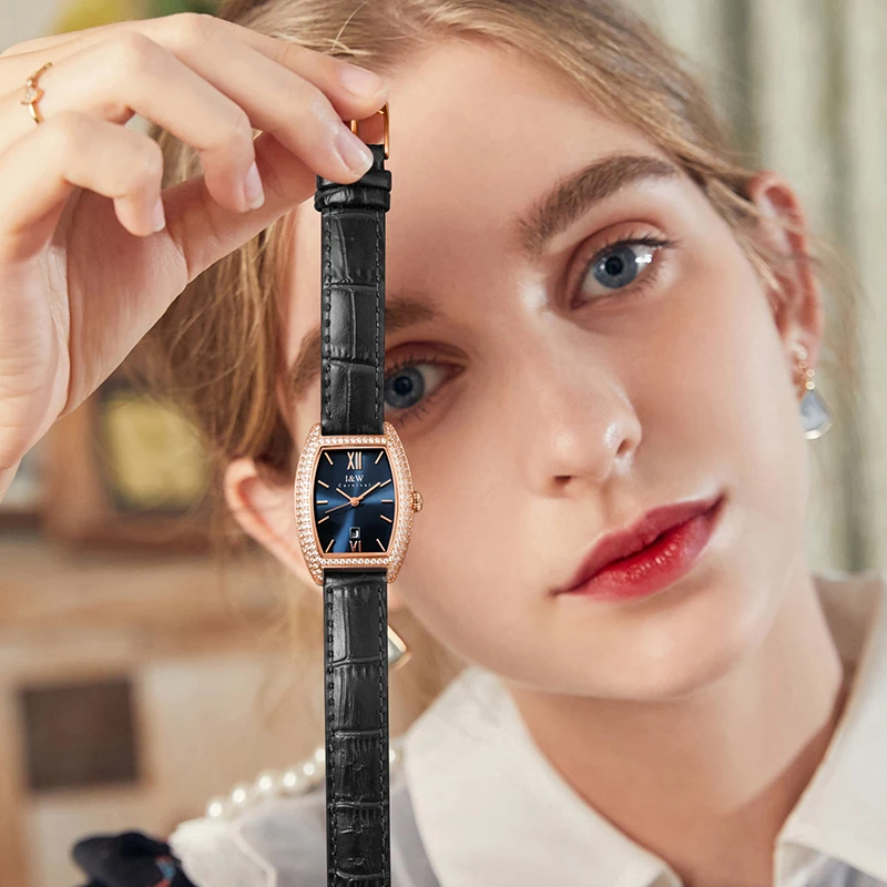IW Fashion Tonneau Quartz Watches for Woman High Quality Switzerland Diamond Watch Women Calendar Leather Waterproof Reloj Mujer