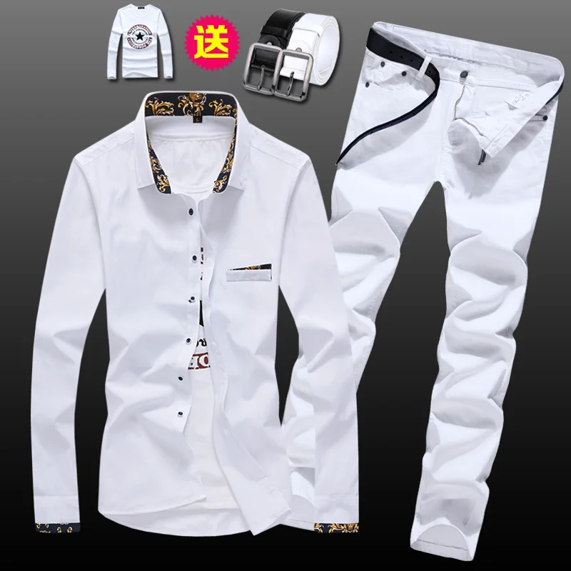 Spring Autumn Men\'s Long Sleeve Shirt Pencil Pants Jeans Slim Fit 2pcs Set Casual Shirts Trousers for Male Clothing