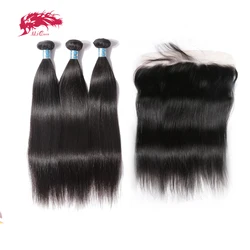 Ali Queen Hair Straight Peruvian Human Virgin Hair Bundles With 13x4 Ear To Ear Lace Frontal Bundles With Closure Natural Color