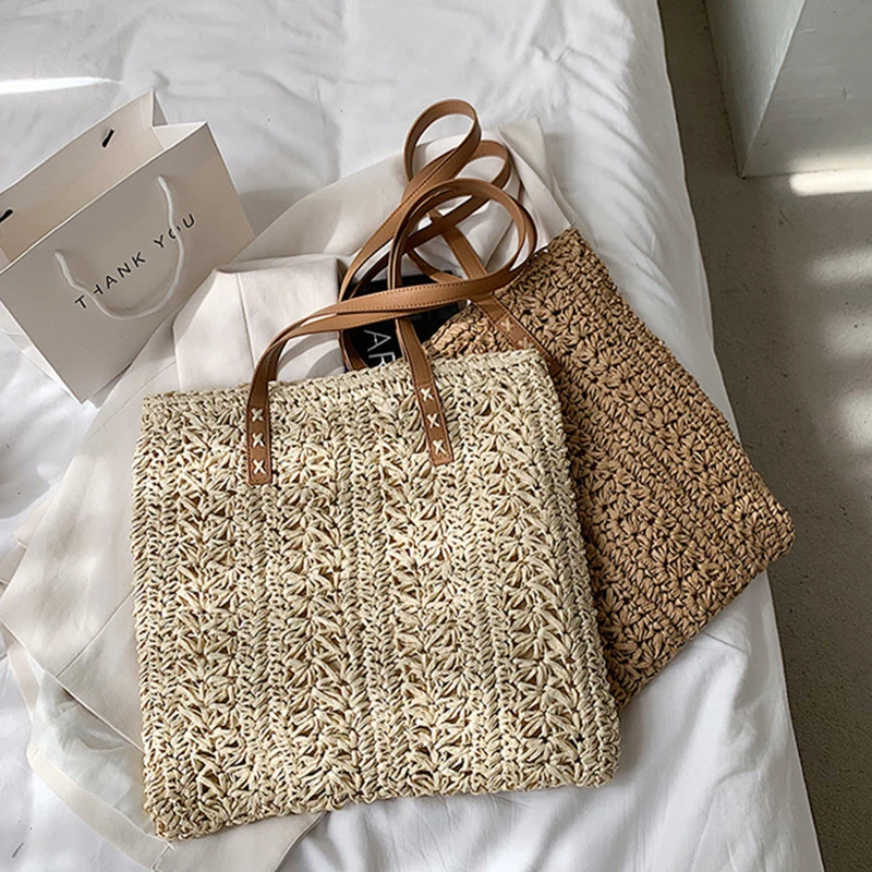 Square Hollow Straw Beach Bag Handmade Woven Shoulder Bag Raffia Rattan Shopping Travel Bag Bohemian Summer Vacation Casual Tote