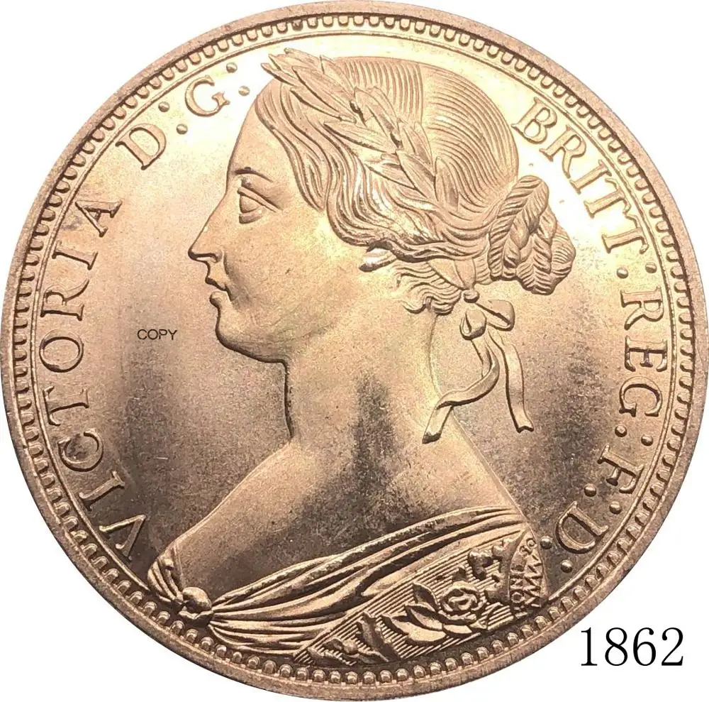 United Kingdom 1862 1 One Penny Queen Victoria Great Britain Bronze Portrait Red Copper Copy Coin With Smooth Edge