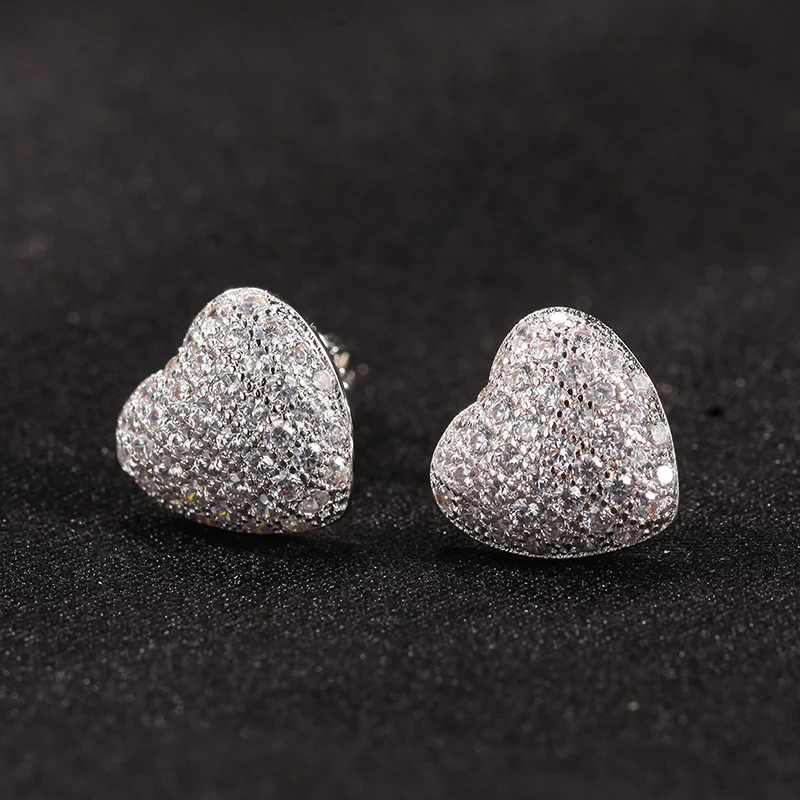 1Pair S925 Sterling Silver Hip Hop AAA+ Cubic Zirconia Bling Ice Out Heart Stud Earrings for Women Men Unisex Rapper Jewelry