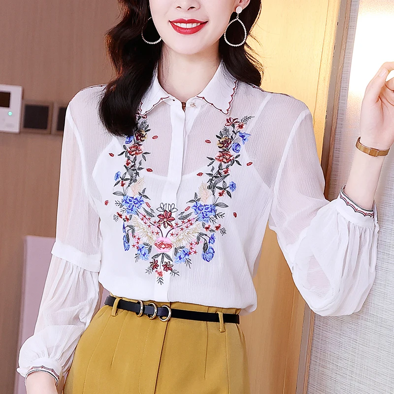 

Women White Shirt Spring Summer Elegant Turn-down Collar Long Sleeve Floral Embroidery Femalem 100% Real Silk Two-pieces Blouse