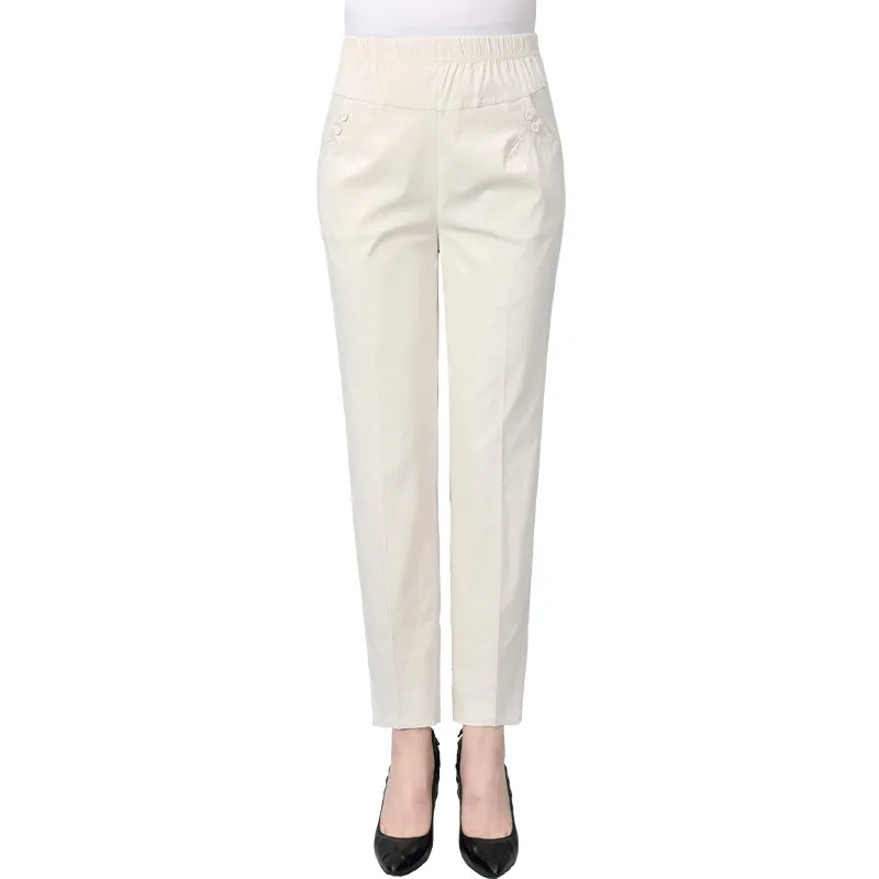 Middle Aged And Old Women Spring White Pants Thin Elastic Waist Straight Pants Mother Ankle-Length Trousers