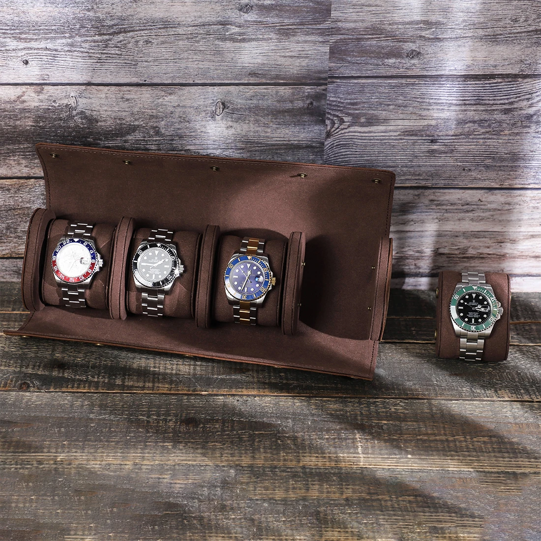 Luxury 4 Slots Watch Roll Travel Case Chic Vintage Genuine Leather Display Watch Storage Box with Slid in Out Watch Organizers