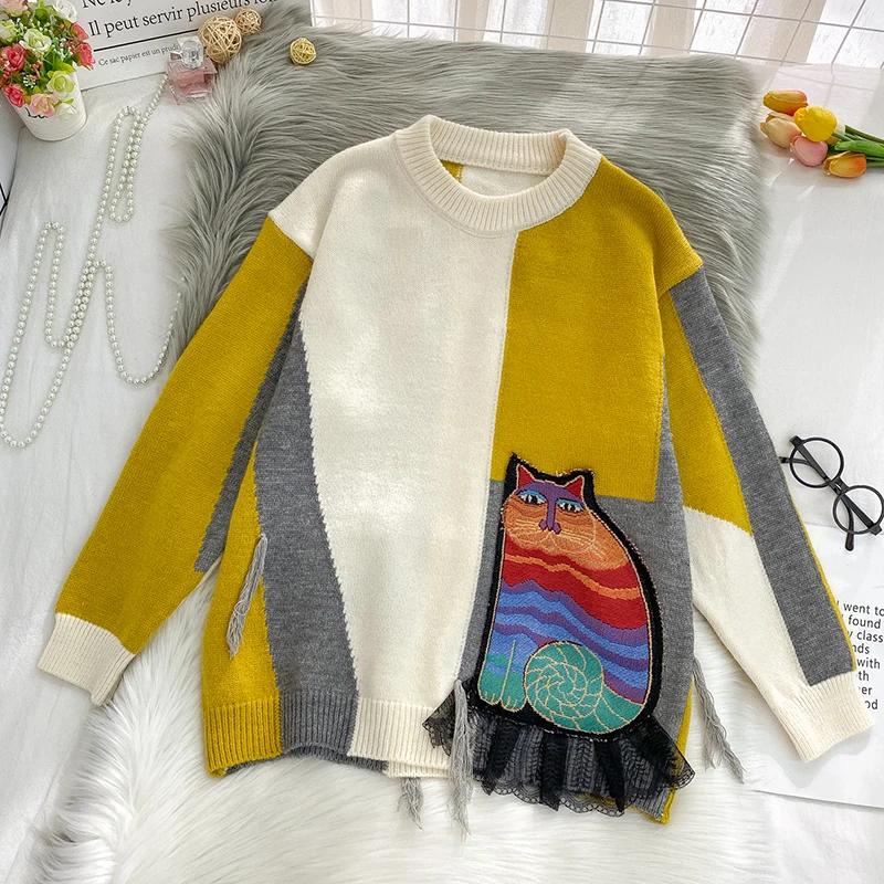 Korobov 2020 Autumn Winter Japanese Women Sweater Korean Sweet Hit Color Sueter Mujer Vintage O Neck Long Sleeve Harajuku Jumper