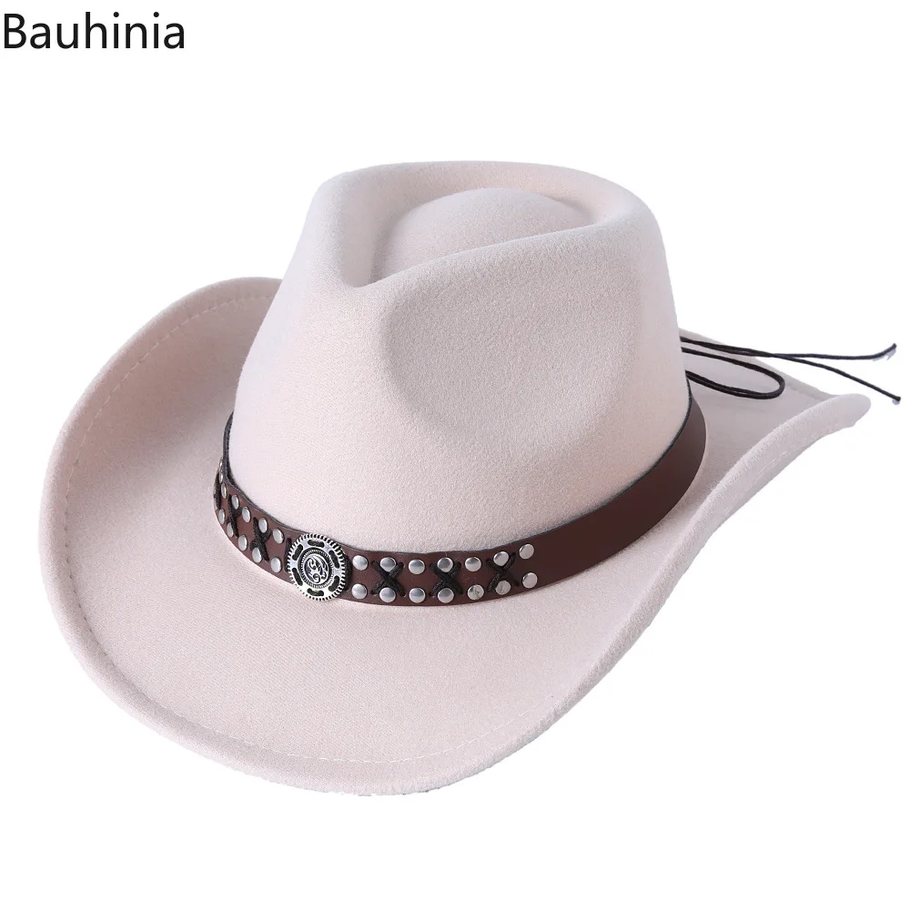 Easy Hinia-Chapeau de cowboy occidental en laine de style vintage pour hommes et femmes, chapeau à large bord, casquette de jazz Cowgirl, casquette