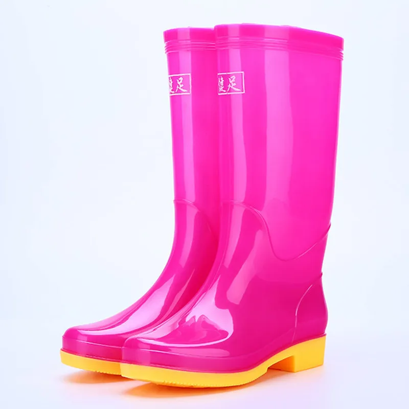 Rouroliu Women Solid Color Tall Rainboots Waterproof Water Shoes Wellies Non-Slip Hard-Wearing Warm Rain Boots Woman RB25