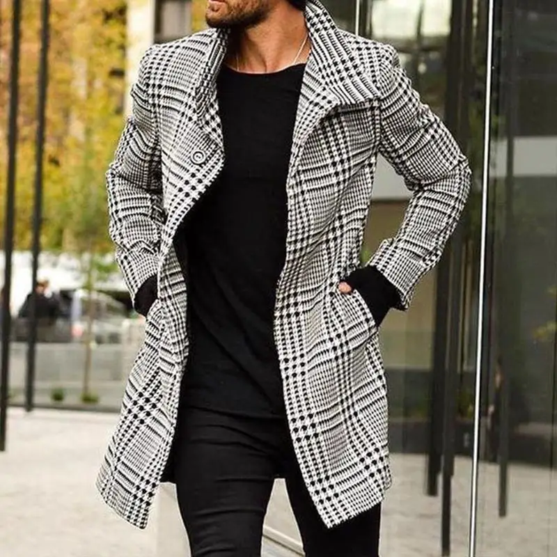 Men's Woolen Coats Windbreaker Designer Plaid Lapel Single-Breasted Jacket Male Brand Outwear Long Sleeve Luxury Mid-Length Coat