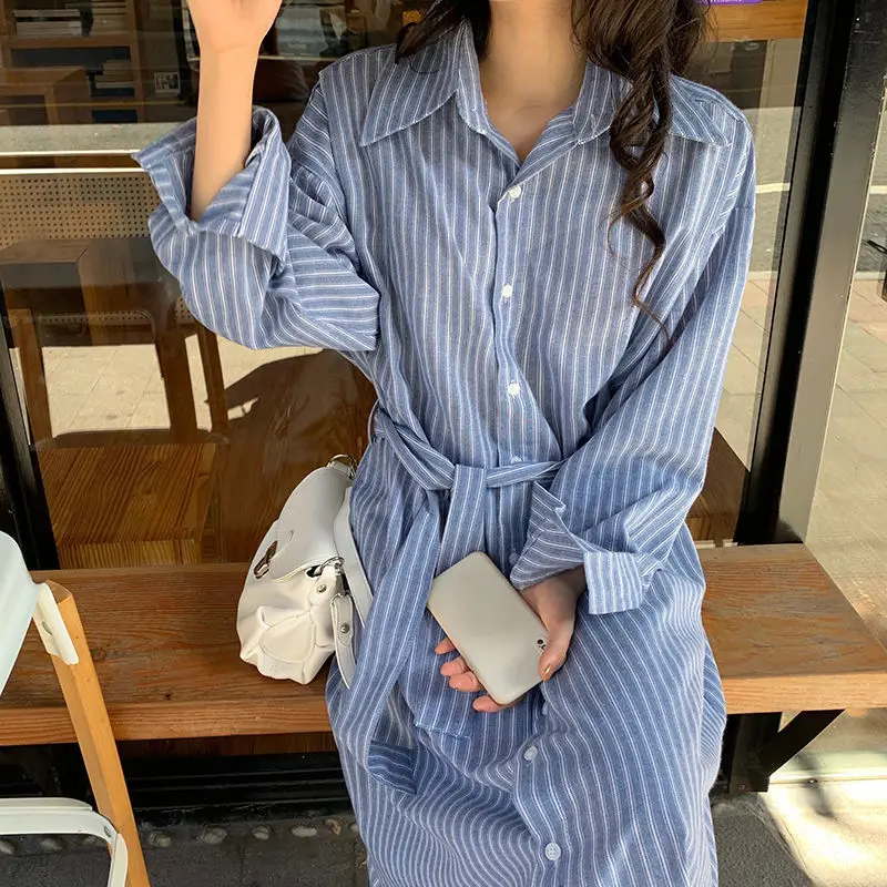 2021 New Long Striped Shirt Dress with Sashes Women Spring Lapel Collar Single Breasted Loose Midi Dresses