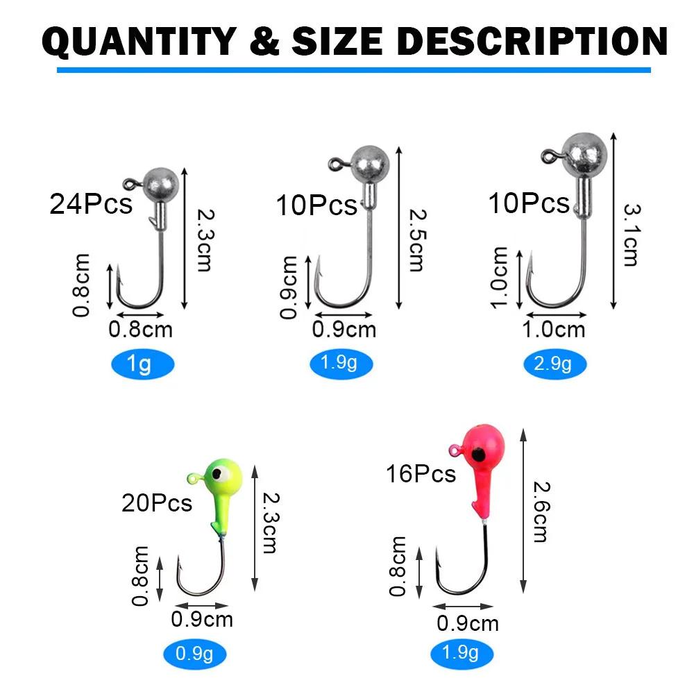 80Pcs/box Lead Jig head Fishing hook set Soft worm bait Bass Jig Fish hooks Trout lure Fishing rig Barbed hook