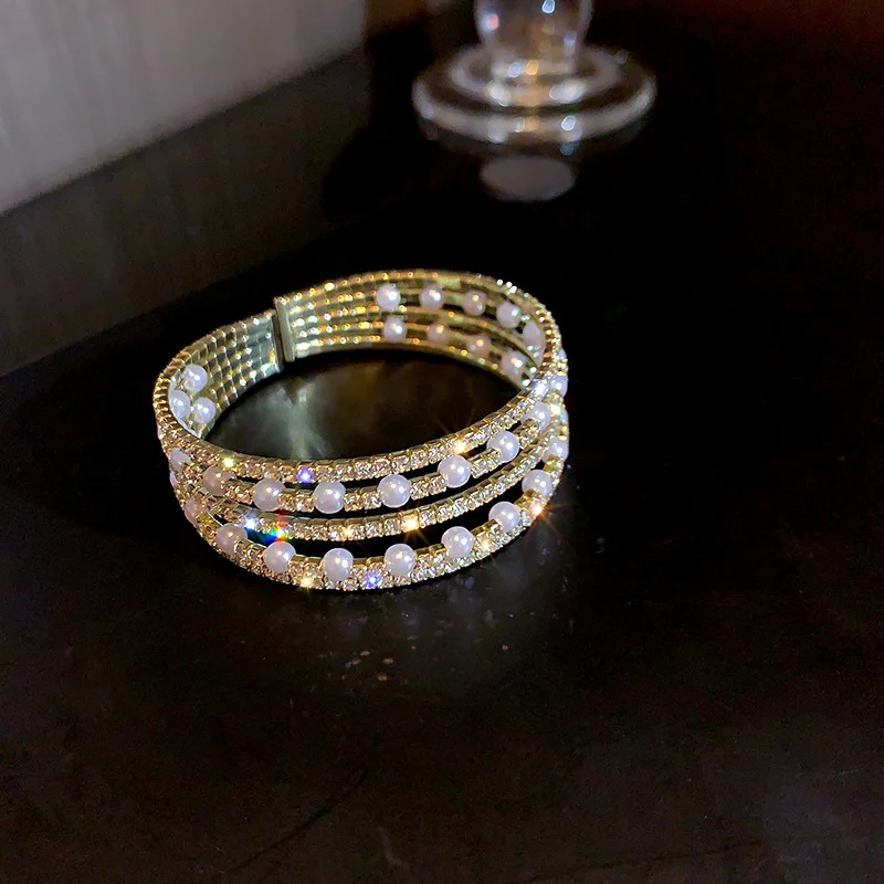 FYUAN Geometric Multilayer Rhinestones Bracelet & Bangles For Women Pearl Cuff Bracelets Weddings Jewelry