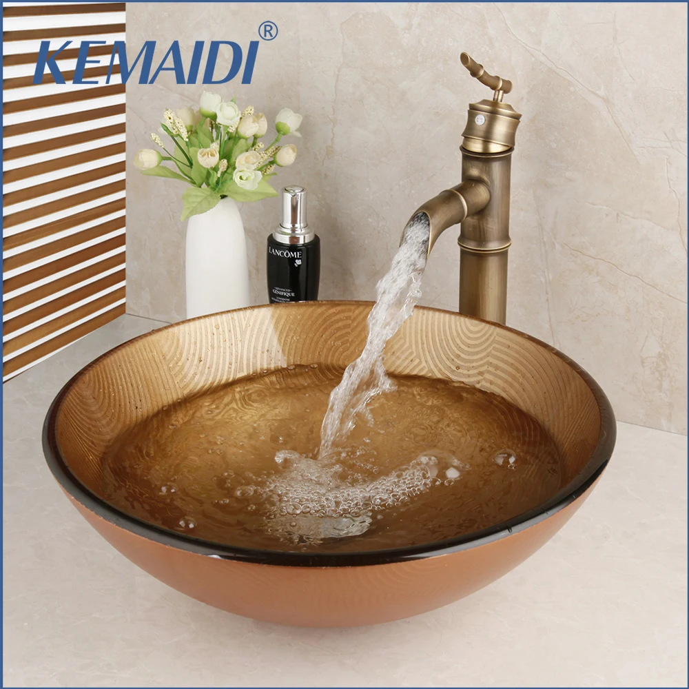 

KEMAIDI Bathroom Glass Hand-Paint Brown Wash Basin Sink Lavatory Sink Combine Set Antique Brass Waterfall Mixer Tap Faucet