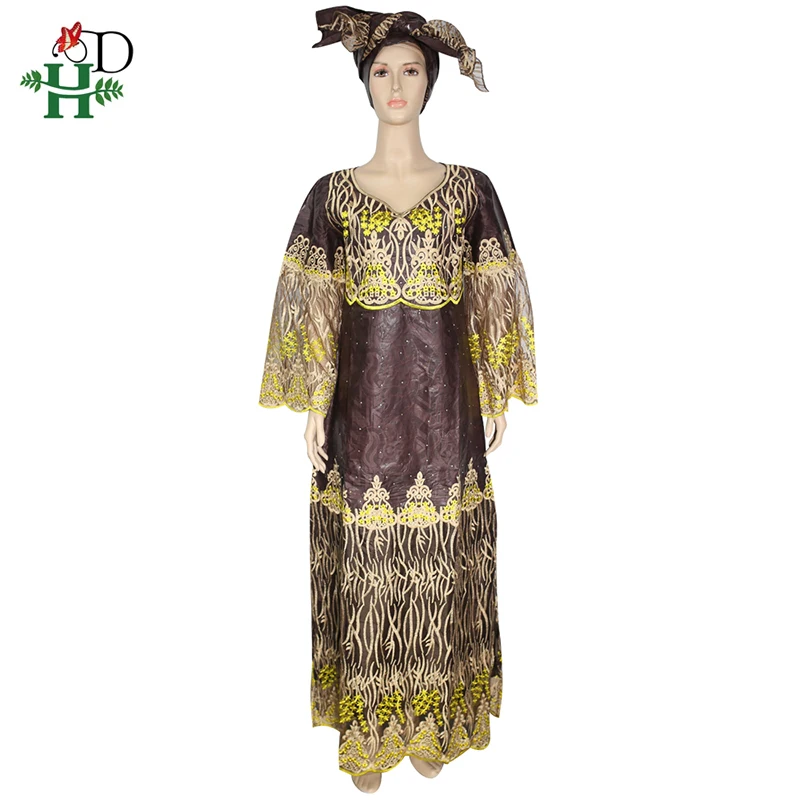 H & D-vestidos africanos para mujer, vestido de encaje bordado con envolturas para la cabeza, ropa de mujer de Sudáfrica, vestidos largos Bazin Riche Dashiki