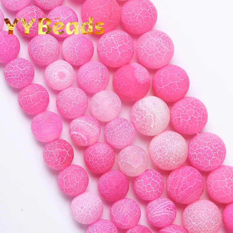 Natural Matte Rose Red Frost Cracked Agates Beads Magenta Dragon Vein Agates Loose Beads For Jewelry Making DIY Bracelet 4-12mm