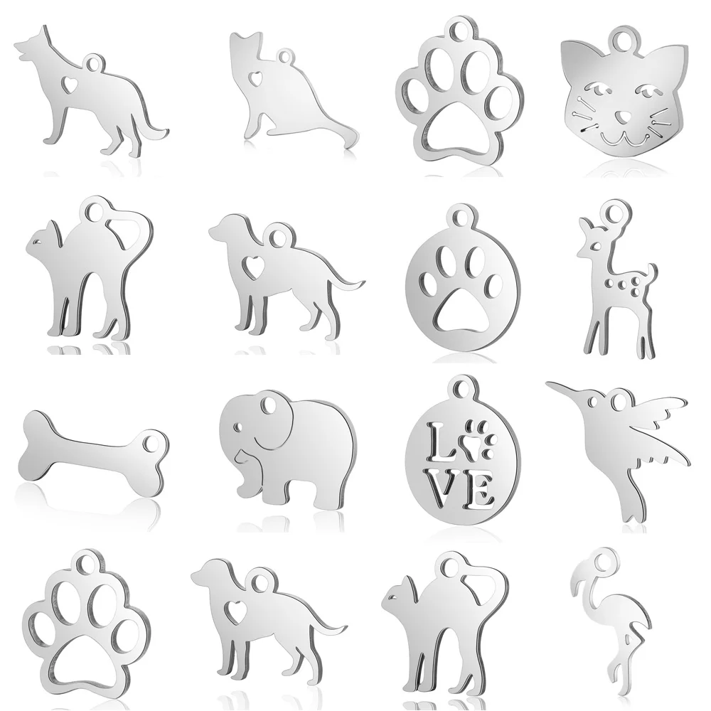 10 unids/lote de dijes DIY de pata de perro y gato, venta al por mayor, colgante de elefante Dachshund de acero inoxidable 316, colgante de conector de rana colibrí