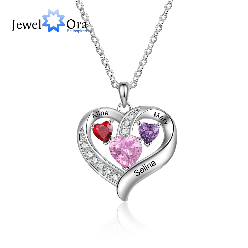 

JewelOra Romantic Personalized Name Engraved Heart Necklaces for Women Customized 3 Birthstone Necklace Valentines Gift for Her