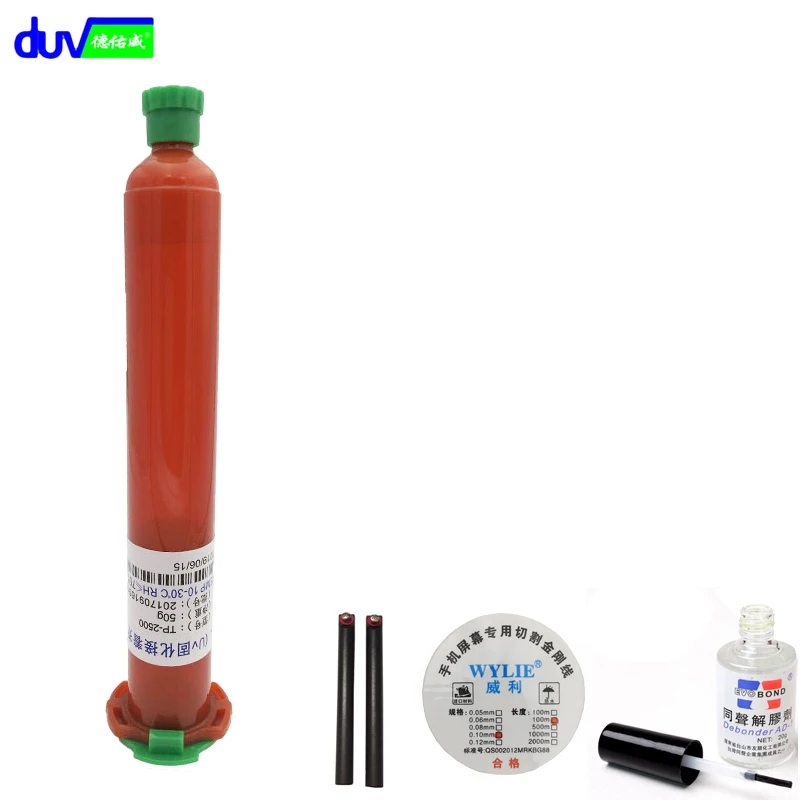 DUV 50g tp-2500 lcd glue LOCA UV glue + Glue Remover Dispergator Screen glue   +50M Golden Cutting Wire + handle