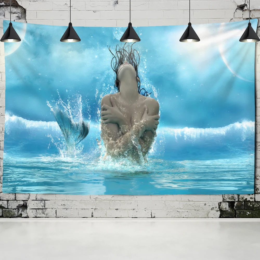 Real Scene Mermaid Tapestry Naked Mermaid Wall Hanging Hippie Sea Wall Tapestry Home Bedroom Dorm Bohemian Wall Cloth Tapiz