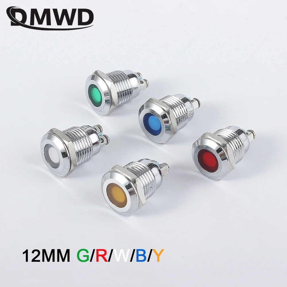 1PC 12mm LED Metal Indicator Light Flat Waterproof Signal Lamp Light 3V6V 12V 24V 220V Screw Connect Red Yellow Blue White Green