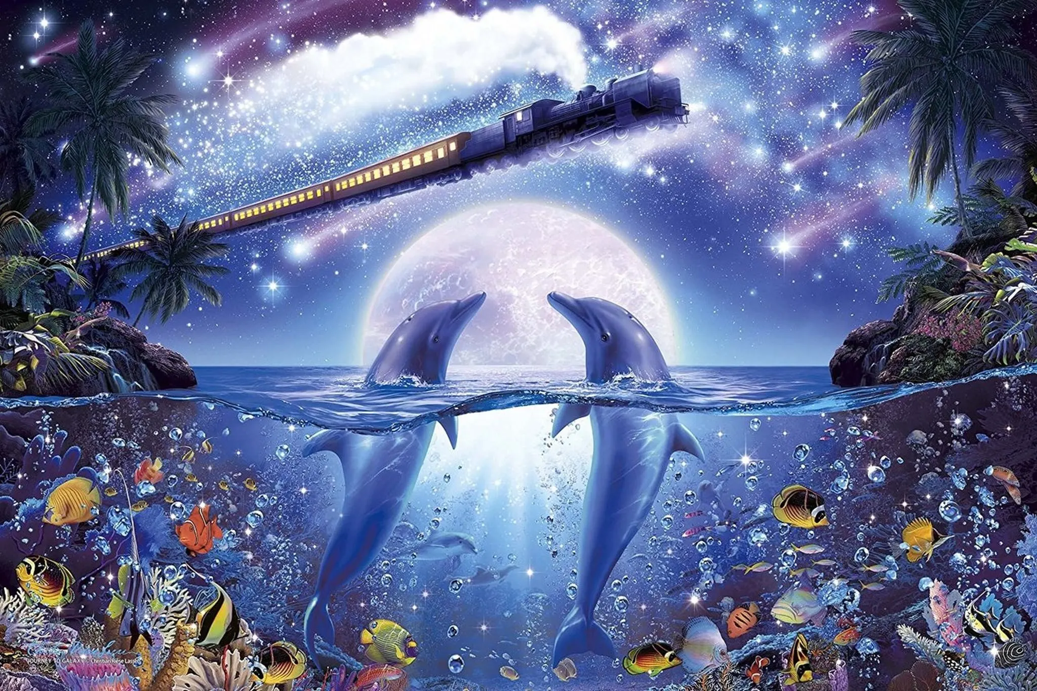 JMINE Div 5D kiss Dolphin Galaxy Underwater Fish sky moon Train  Full Diamond Painting kits art Animal 3D paint by diamonds