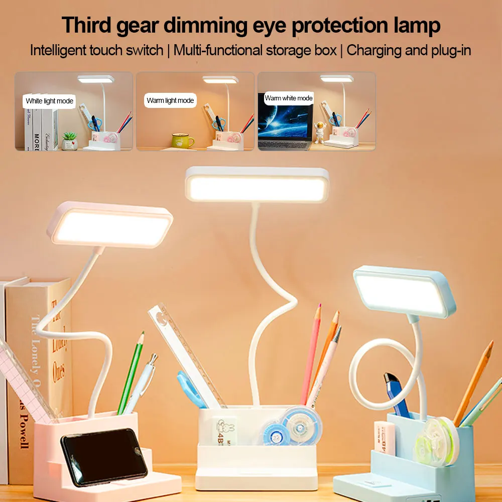 

LED Dimmable Desk Lamp Flexible Hose Folding with Pen & Phone Holder Touch Control 3 Lighting Modes Eye-Caring Study Table Light