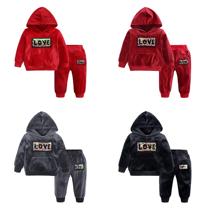 

Boys Velvet Hoody Clothing Set Sweatshirts Sweatpants Girls Tracksuit Hoodie Coat Sports Suits Stripes Cartoon Jacket Outfit