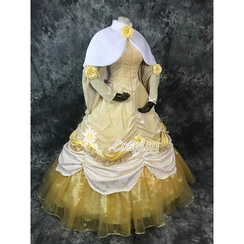 Belle Princess Dress Cosplay Costume Halloween Costumes Yellow Women Dress Ball Gown with Petticoat Lace Up Long Sleeve