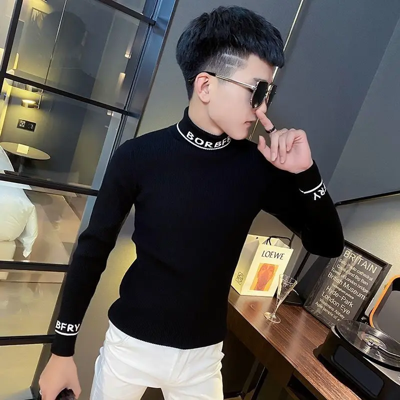 Sweater men\'s high collar winter new sweater Korean slim body bottom shirt black sweater trend sweater sweater