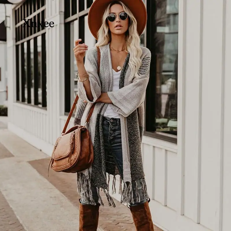 Bohemian Cardigans Fringe Patchwork Slim Long Coat Female Winter Vintage Cardigan Knitwear Sweaters Women Clothes Shawl Tops